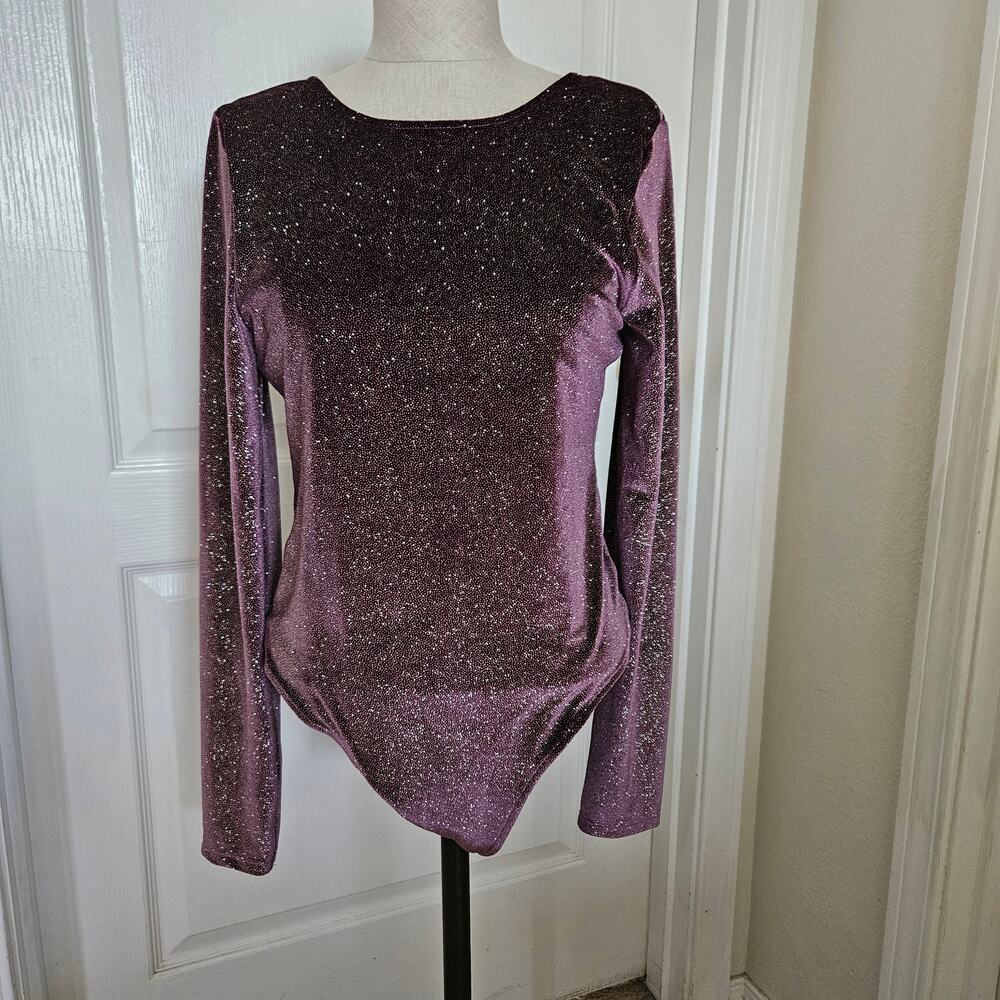 Victoria Sport Shimmering Glitter Long Sleeve Bodysuit Leotard Purple Medium